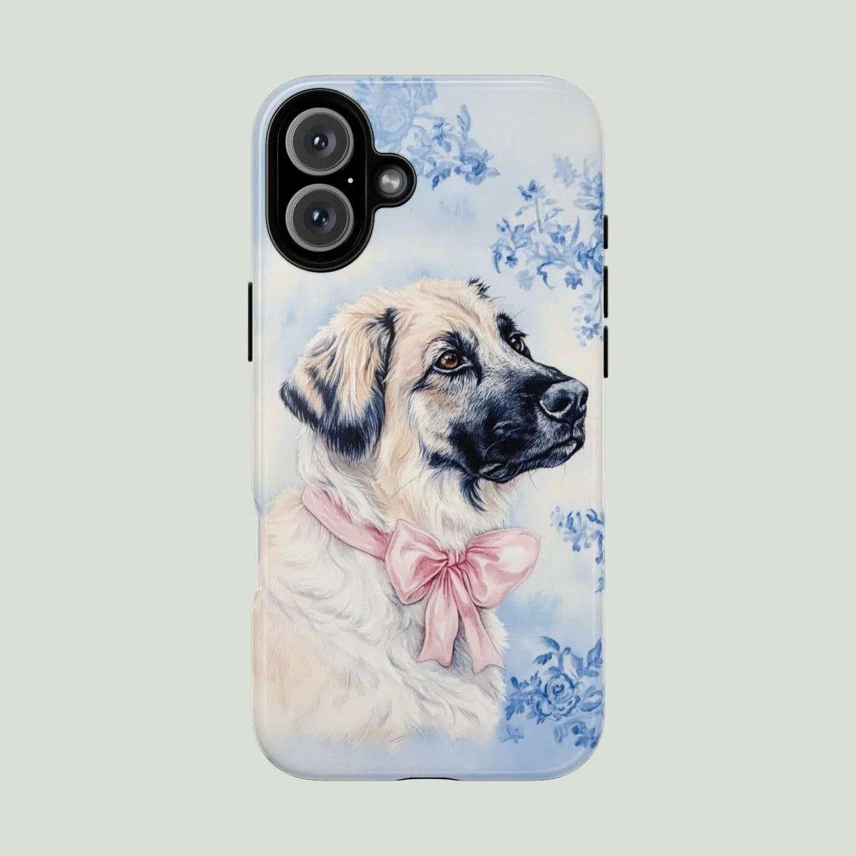 Phone case with a dog illustration and floral design on a light gray background
