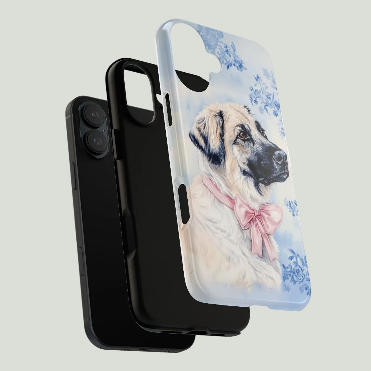Phone case with a dog design on a light gray background