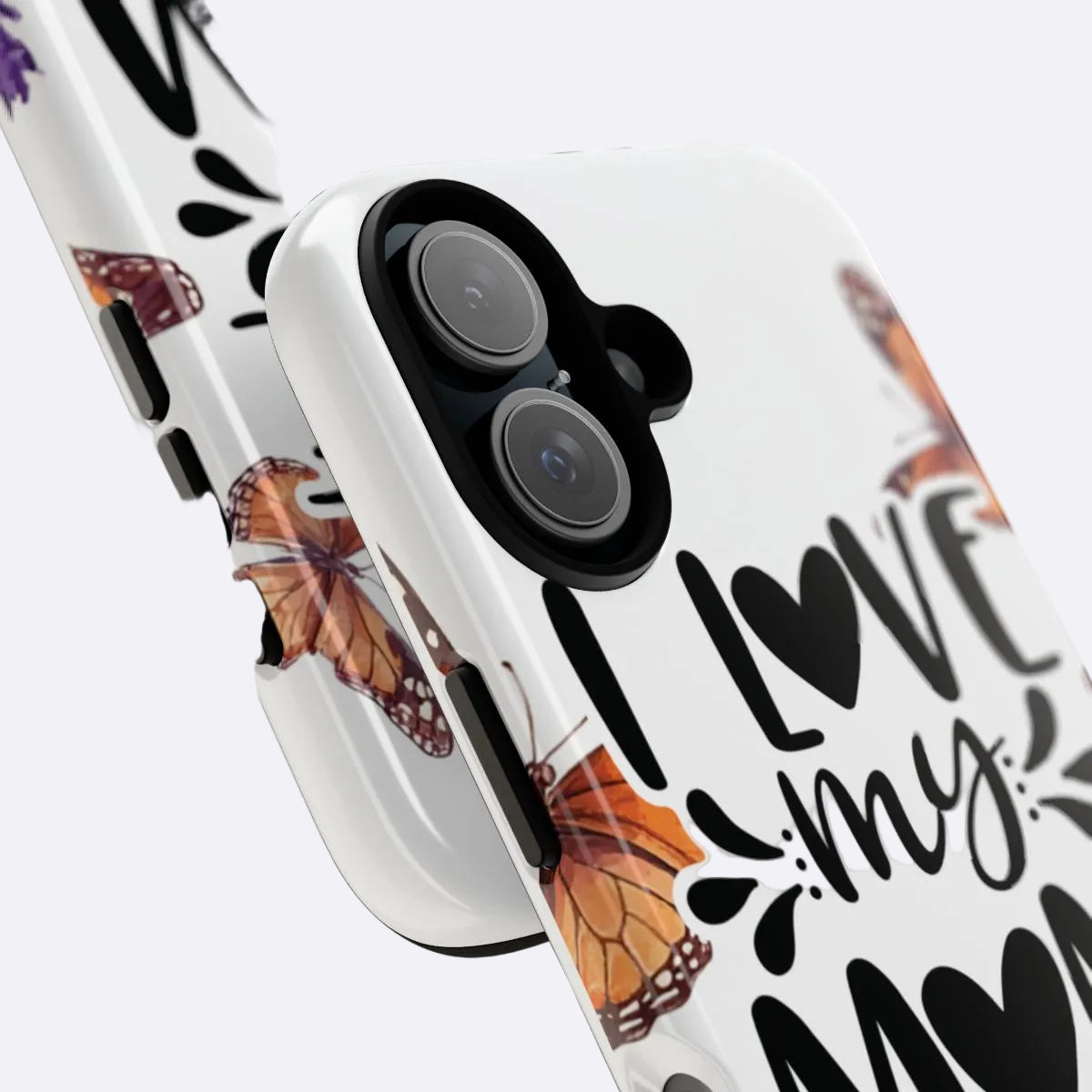 Phone case with butterfly design and 'I love my mom' text on a white background