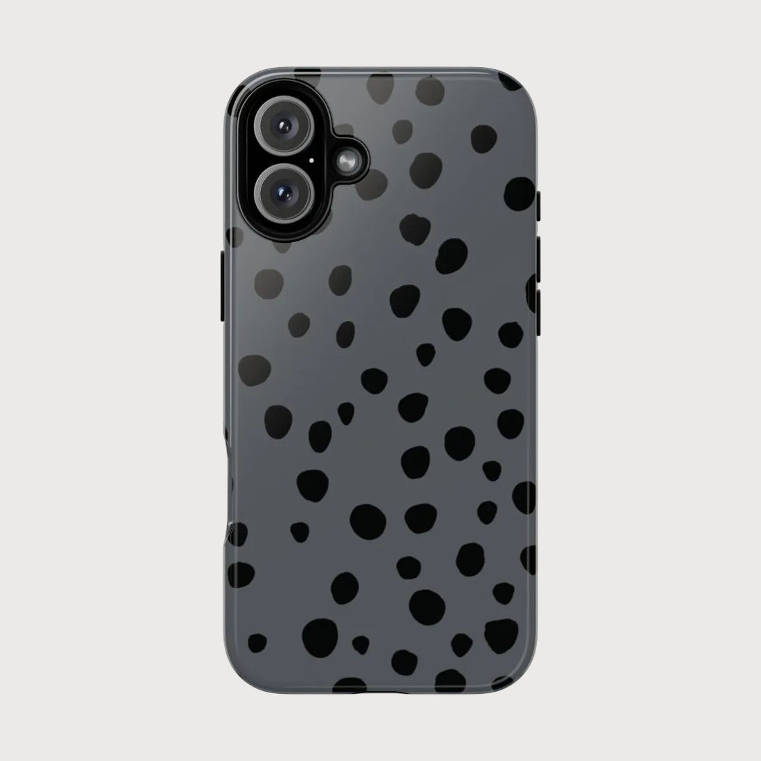 Phone case with black abstract pattern on a pink background