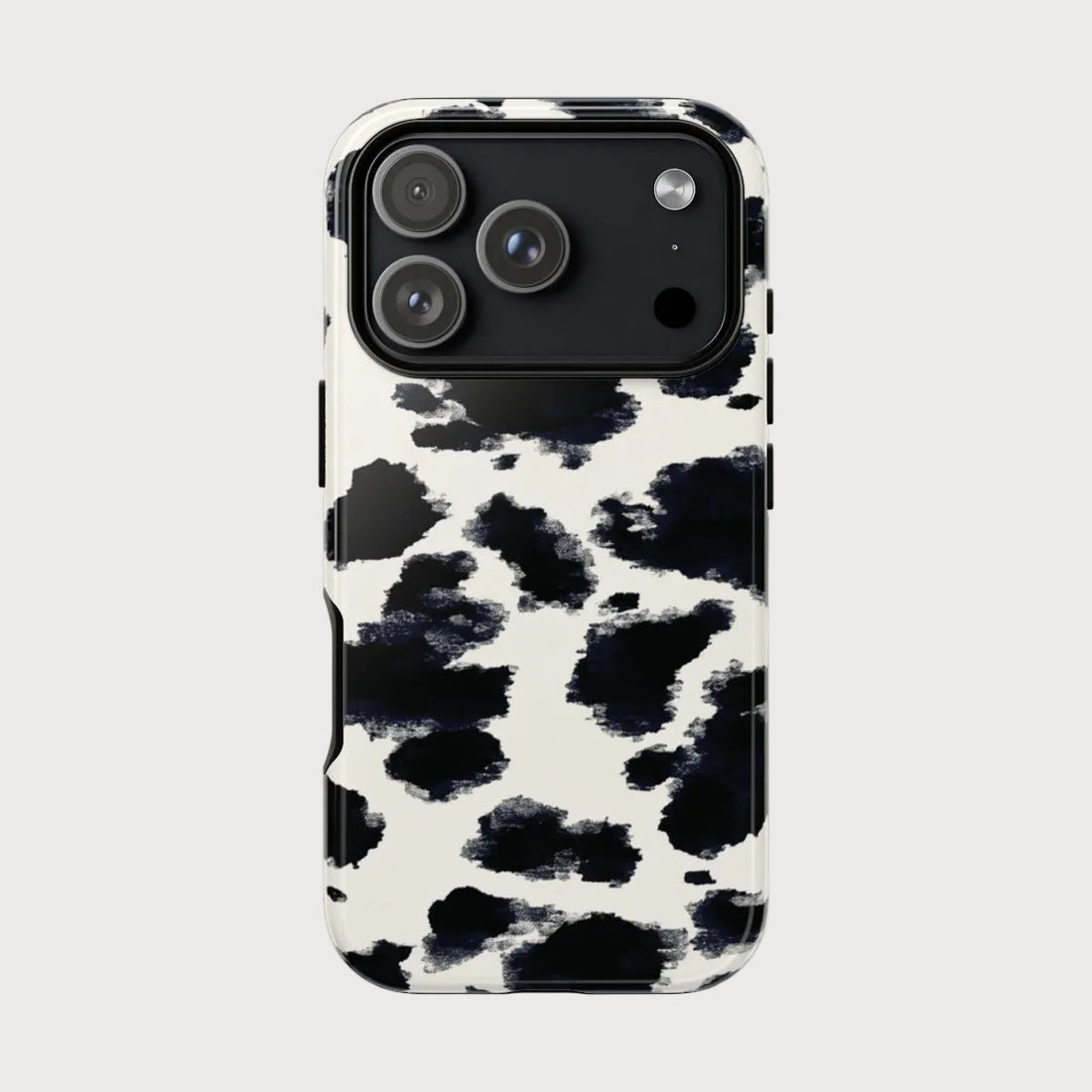 Phone case with black and white abstract pattern on a light gray background