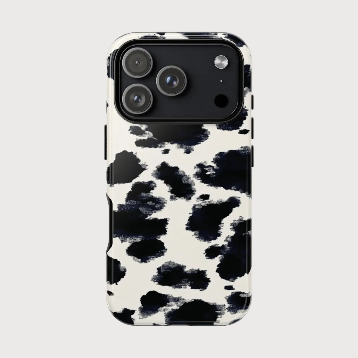 Phone case with black and white abstract pattern on a light gray background