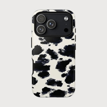 Phone case with black and white abstract pattern on a light gray background