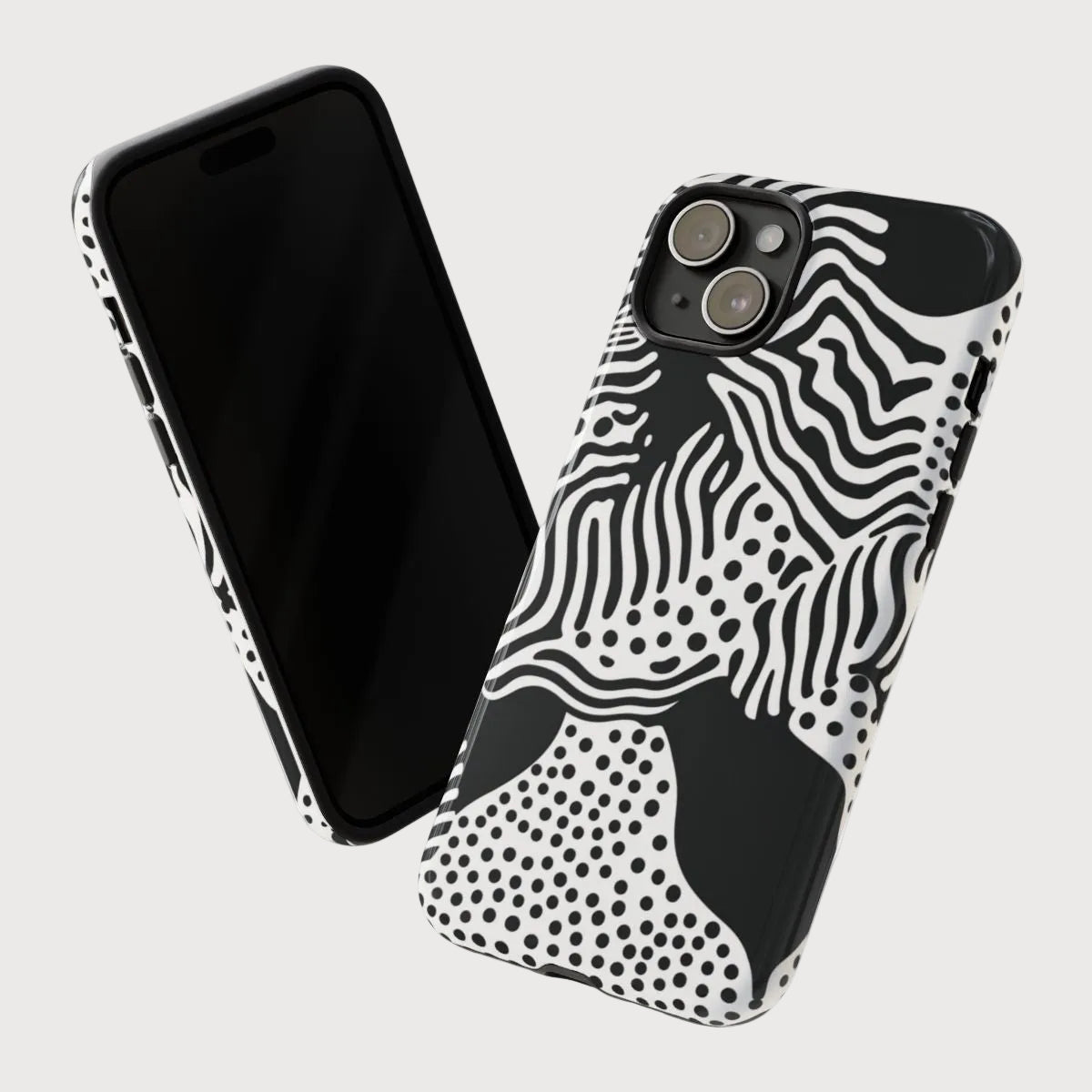 Phone case with black and white abstract pattern on a light gray background
