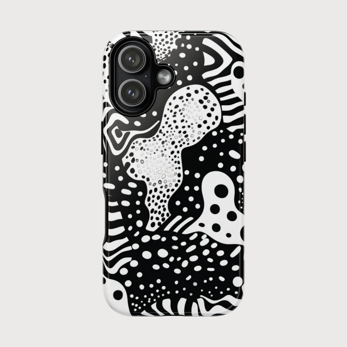 Phone case with black and white abstract pattern on a white background