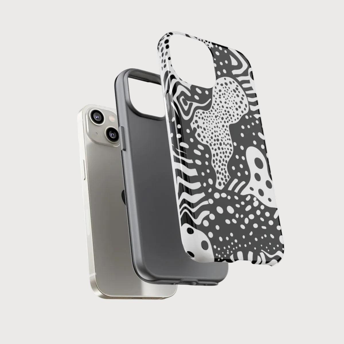 Phone case with black and white pattern on a gray background