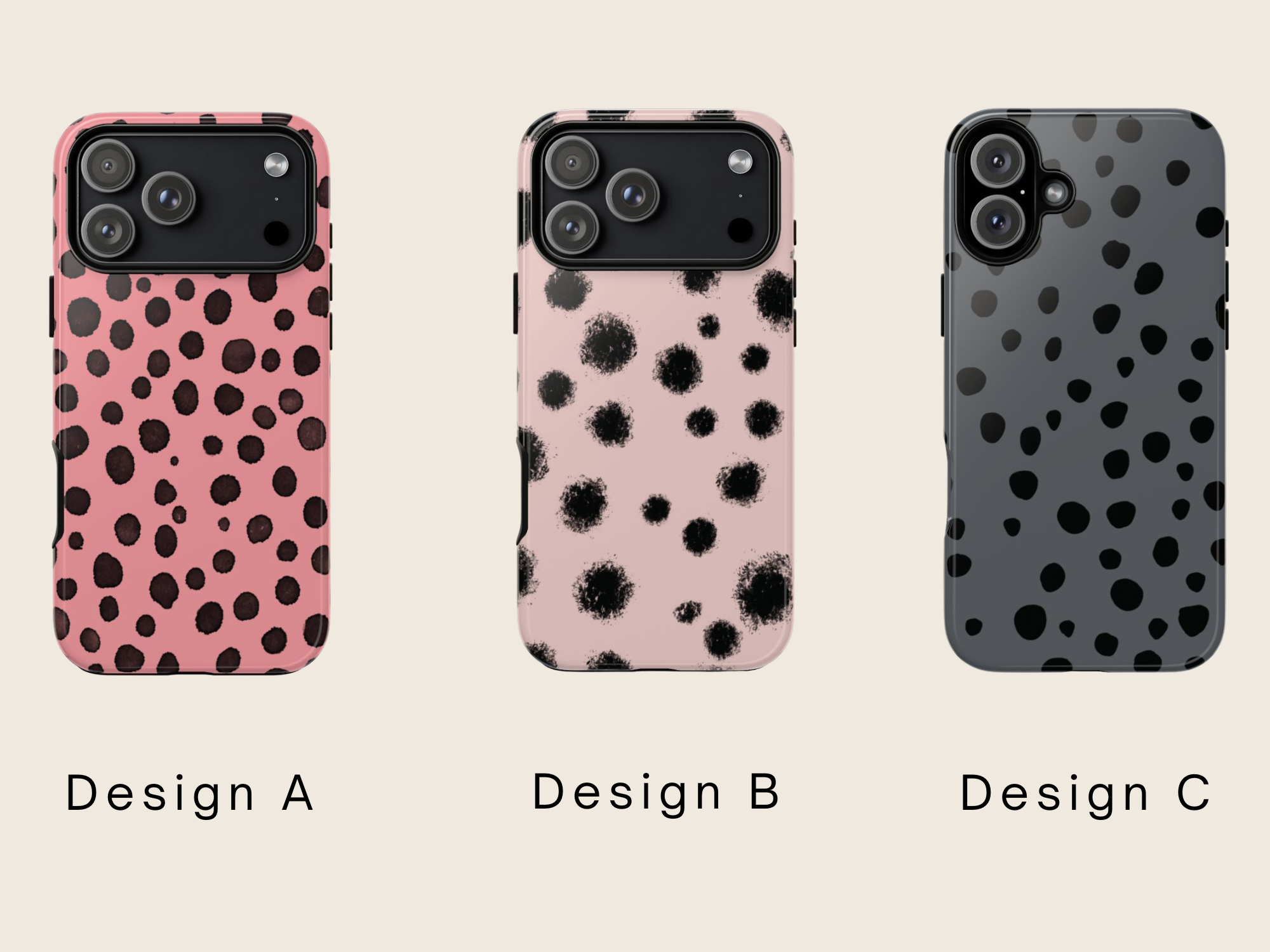 Three phone case designs with polka dot patterns on a beige background.