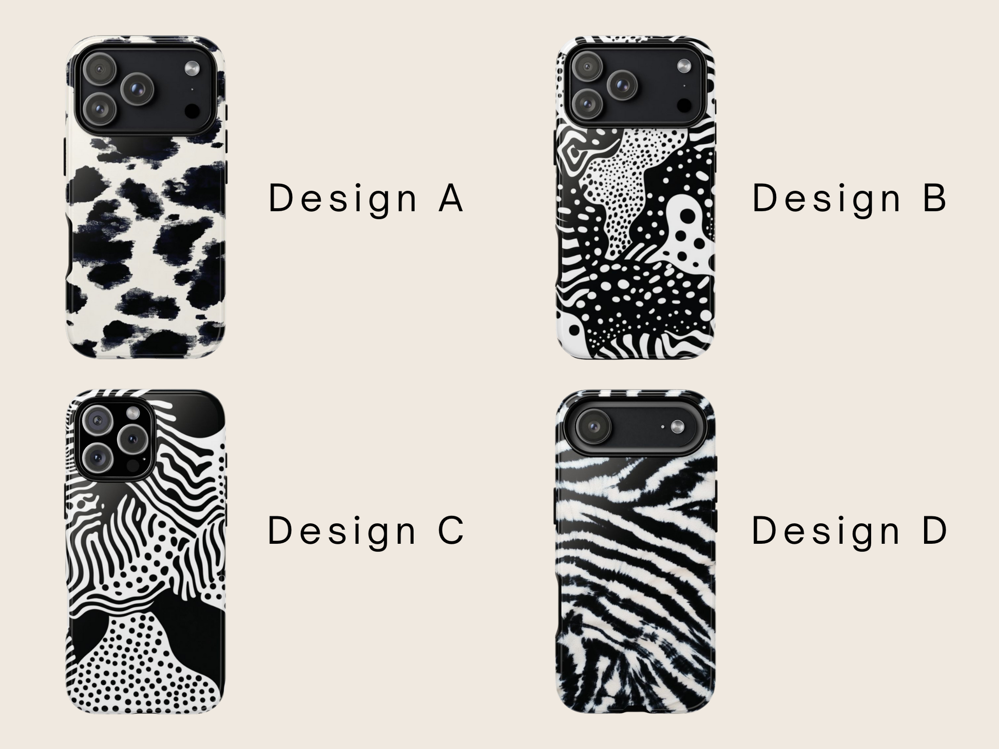 Four black and white patterned phone cases labeled A, B, C, and D on a beige background.