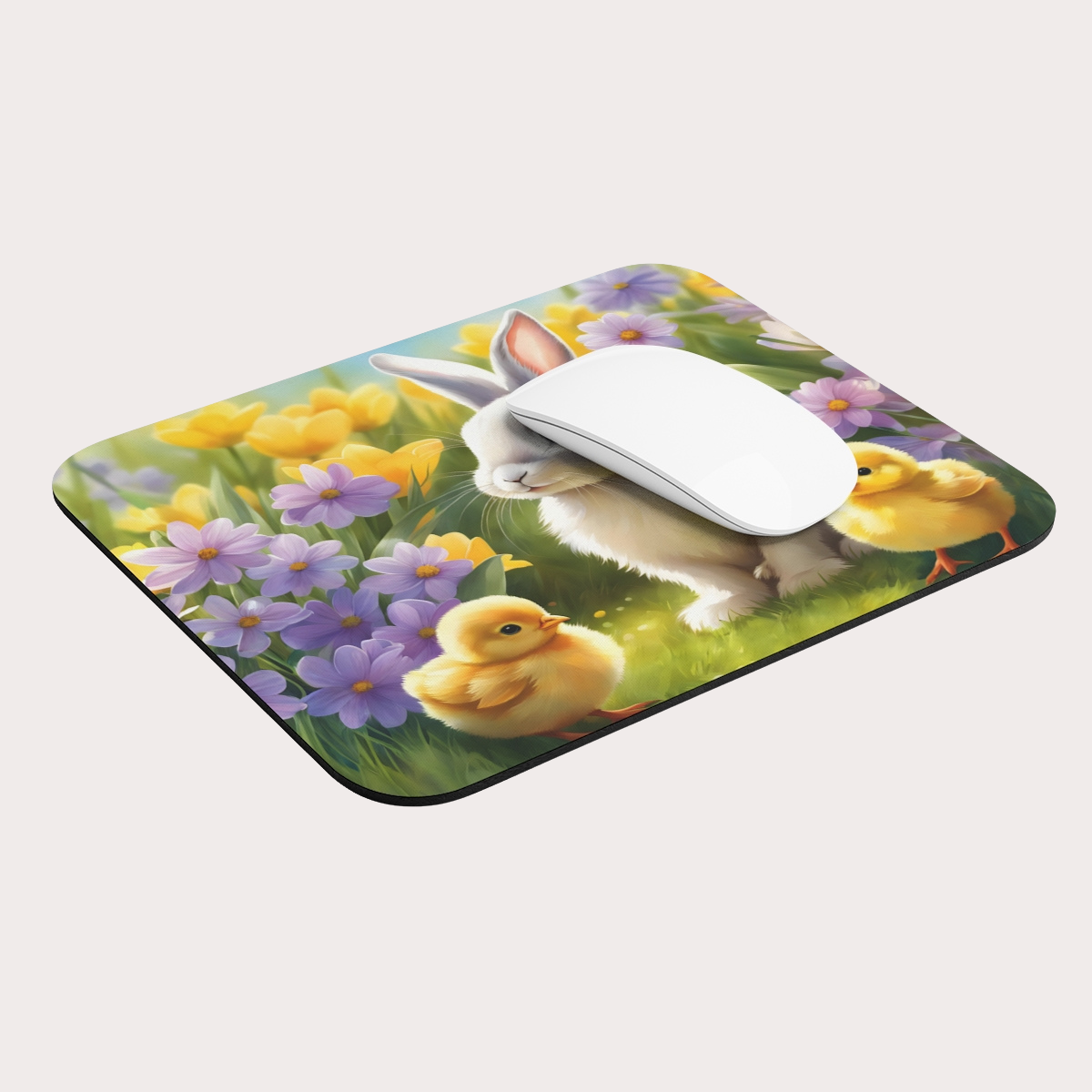 Mouse pad with Easter design featuring a rabbit, chicks, and flowers on a white background