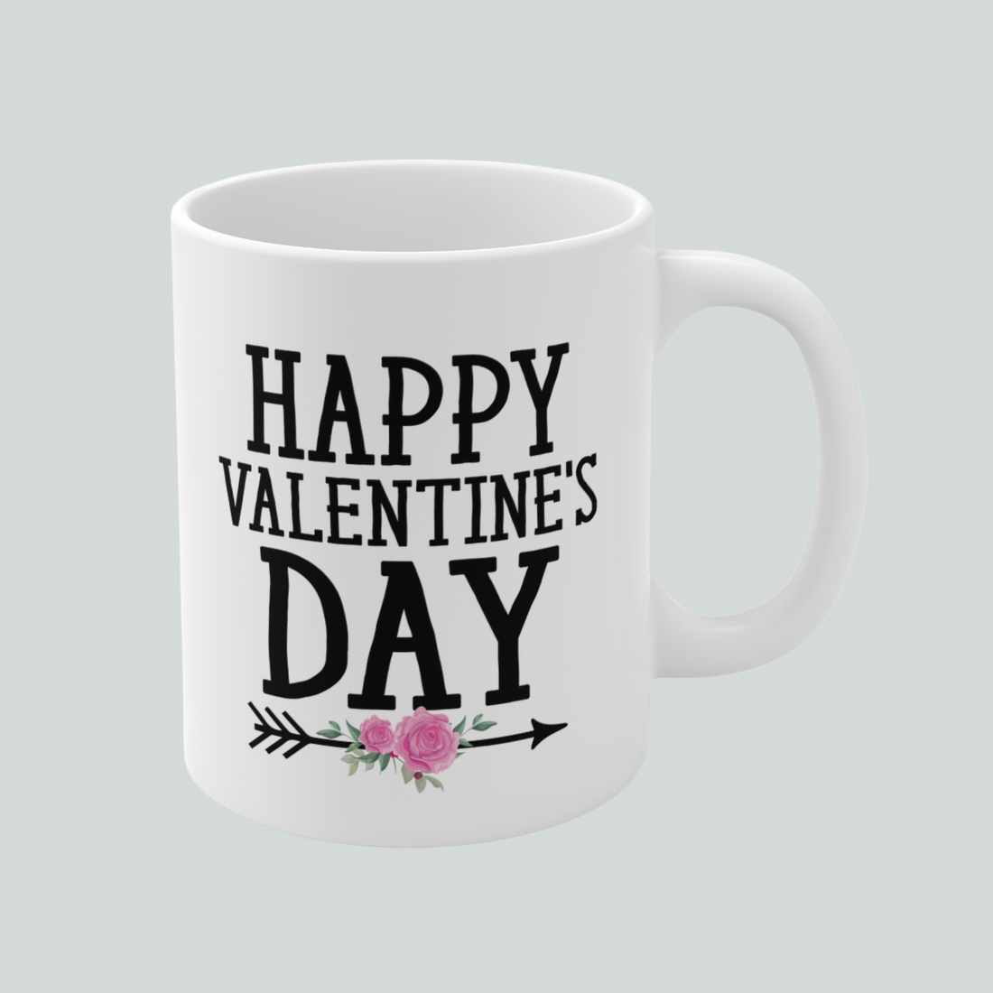 White mug with 'Happy Valentine's Day' text on a light gray background