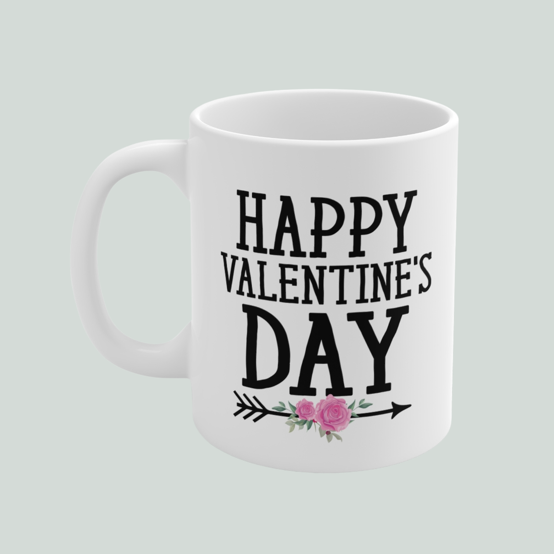 White mug with 'Happy Valentine's Day' text on a light gray background