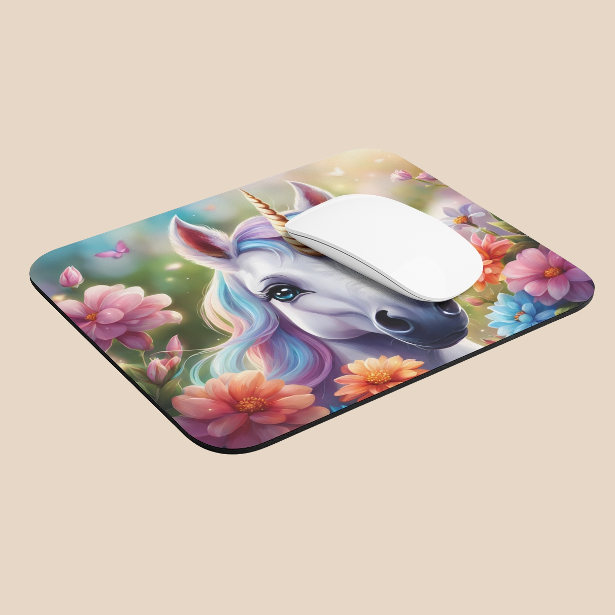 Mouse pad with a unicorn design on a beige background