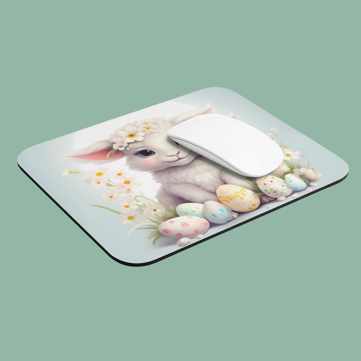 Mouse pad with a bunny and Easter eggs design on a green background