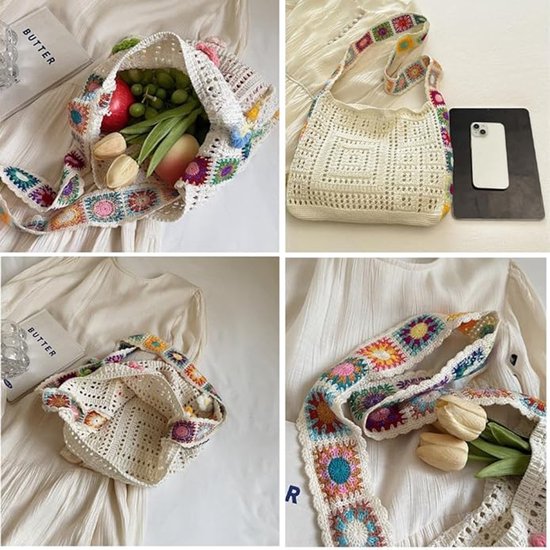 Women's shoulder bag - Embroidered bag - Handmade crocheted fabric bag - Colorful patterns - Perfect for shopping and holidays - Khaki