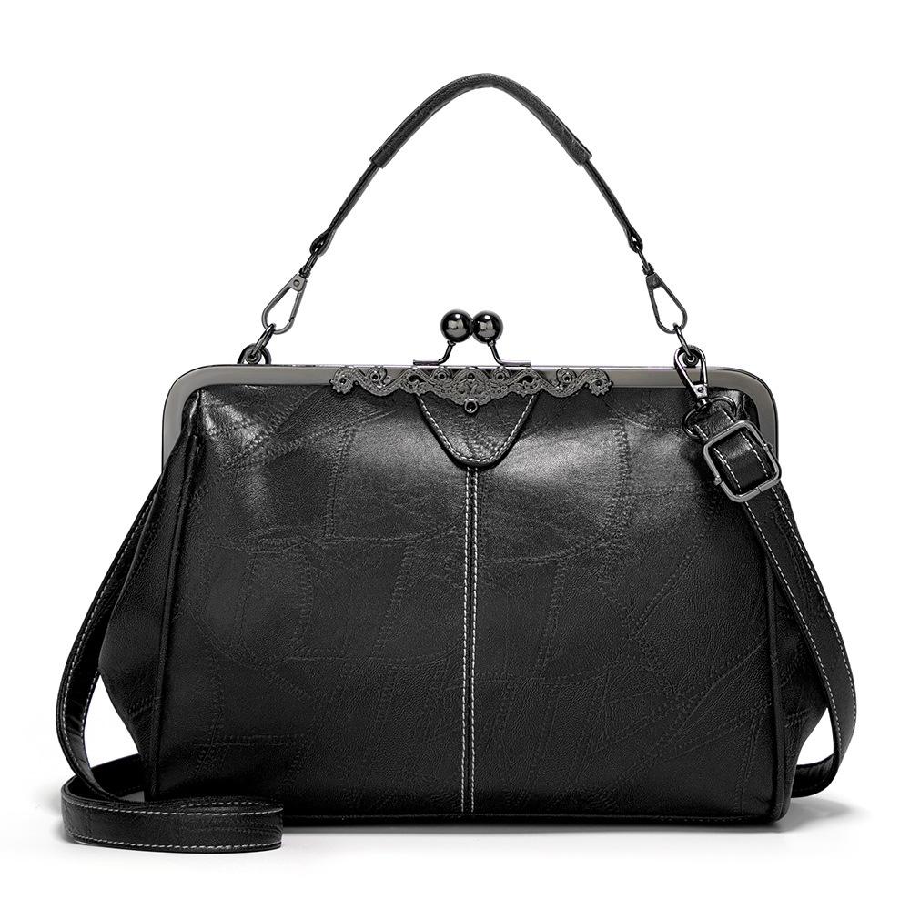 036 Vintage Buckle Handbags Leather Adjustable Crossbody Bag - Black