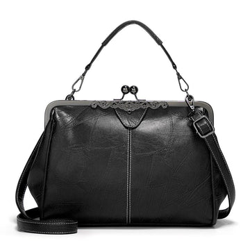 036 Vintage Buckle Handbags Leather Adjustable Crossbody Bag - Black
