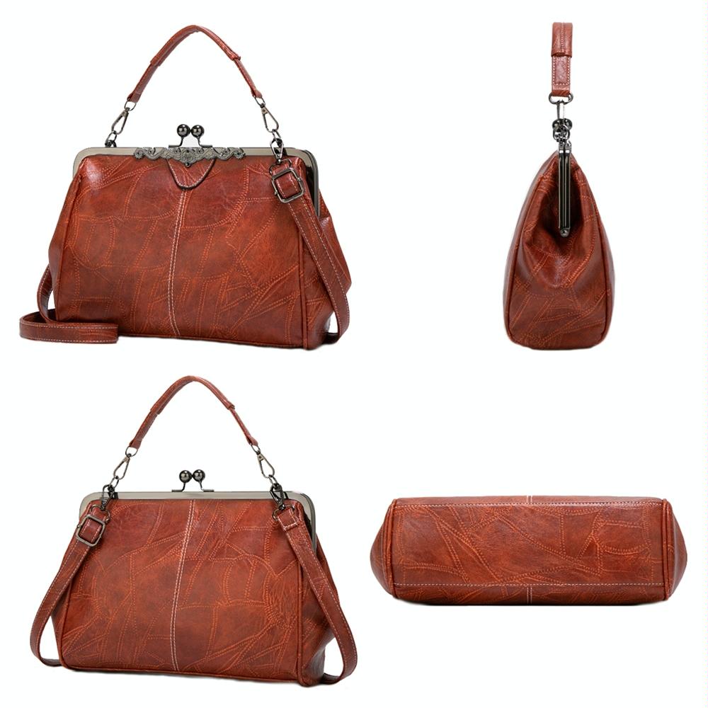 036 Vintage Buckle Handbags Leather Adjustable Crossbody Bag - Apricot