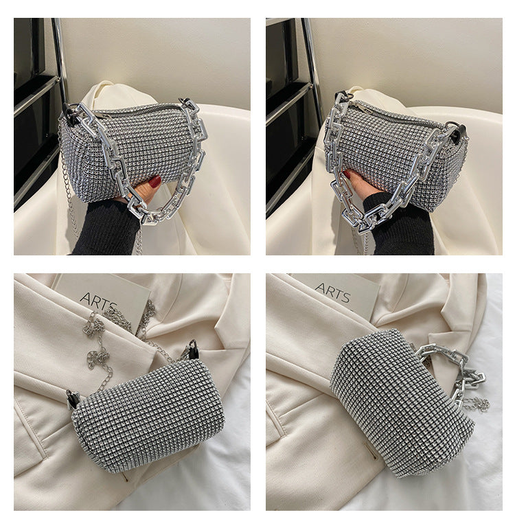 Silver Mini Shoulder Bag for Women – Rhinestone-Embellished Pillow-Shaped Chain Bag with Fashionable Metal Hardware and Compact Design