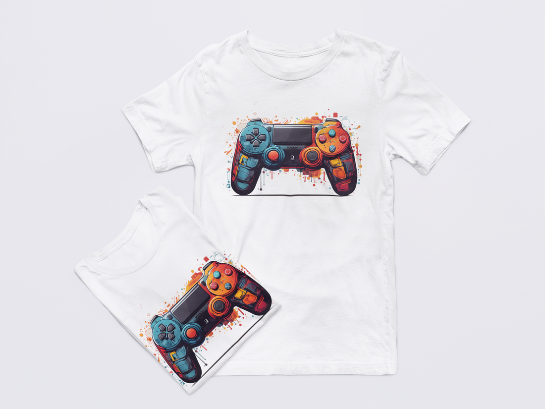 Black t-shirt and shorts set with colorful gaming controller design on a light gray background