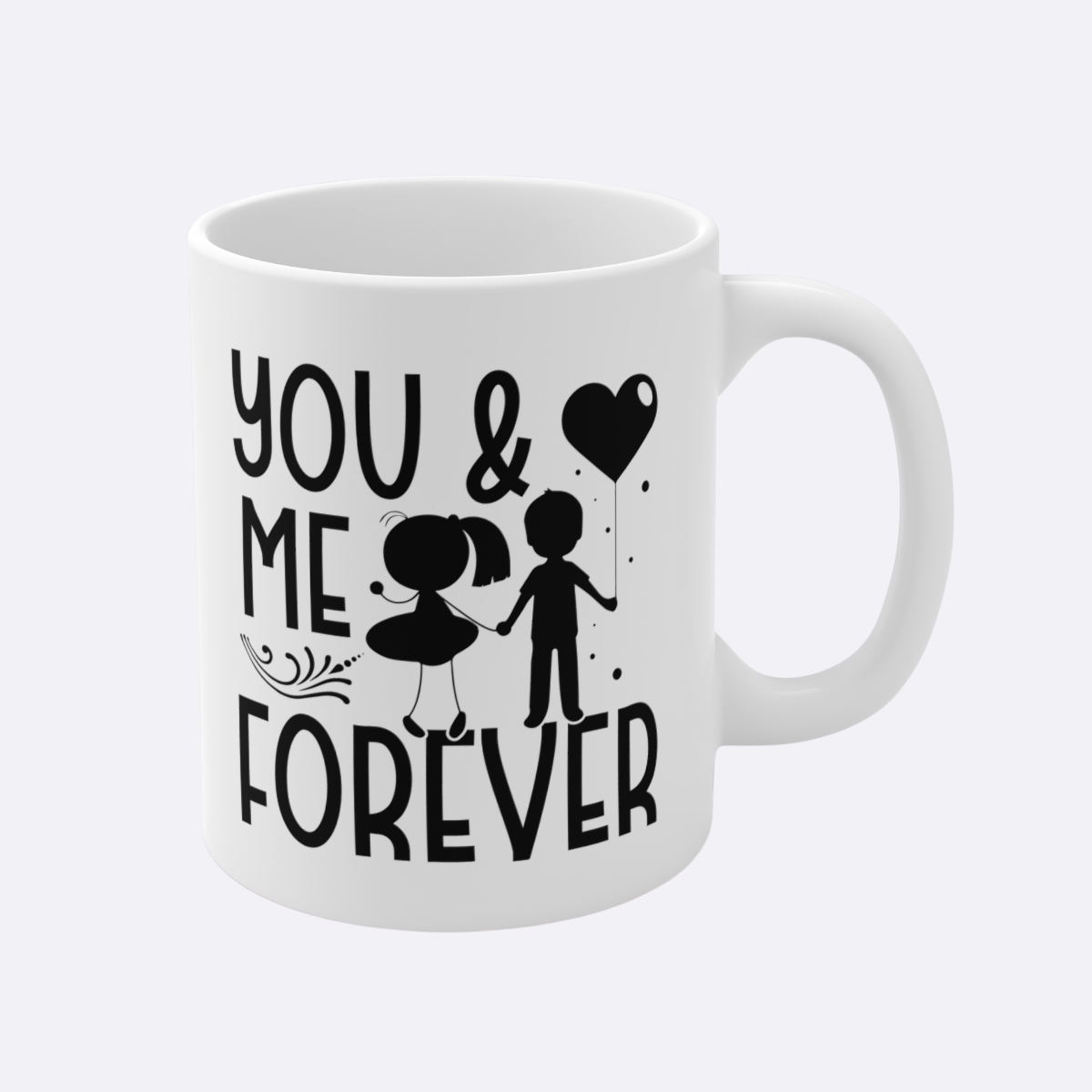 White mug with black text and graphics on a white background