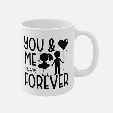 White mug with black text and graphics on a white background