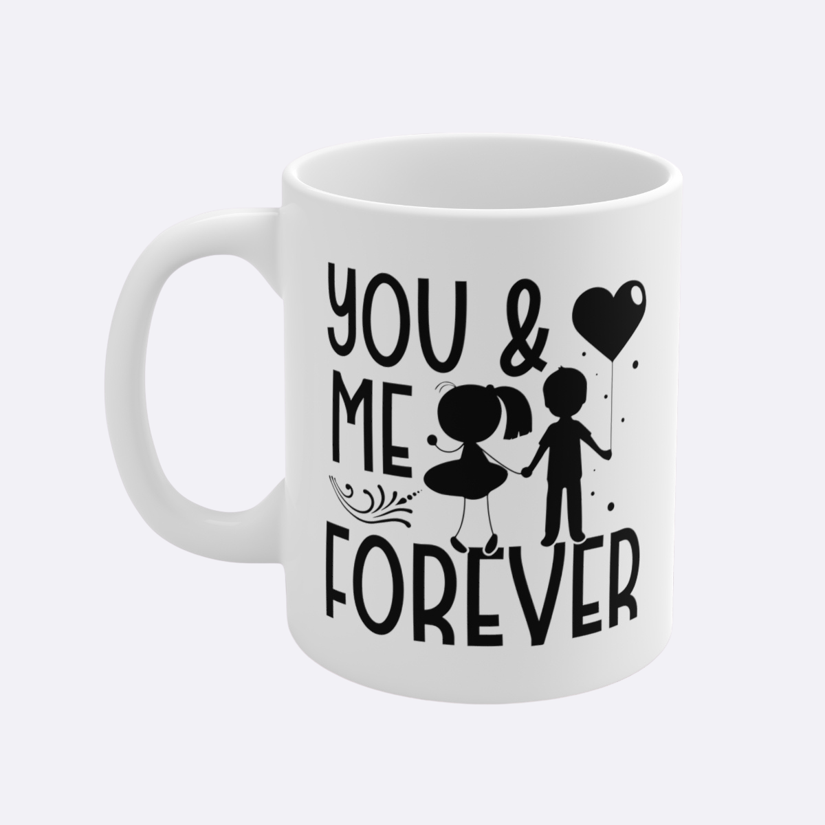 White mug with black text and graphics on a white background
