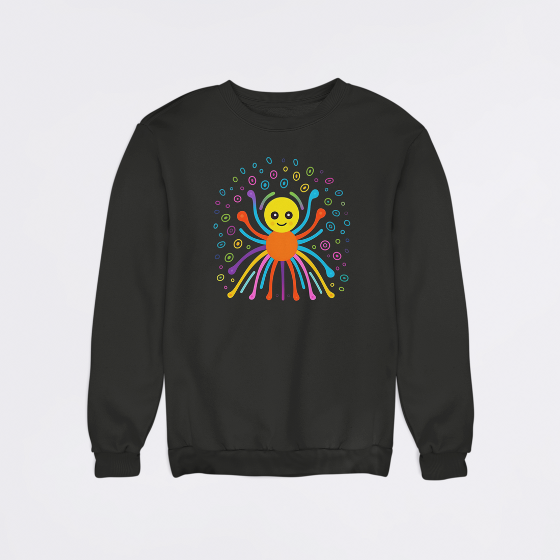 Black sweatshirt with a colorful alien design on a light gray background
