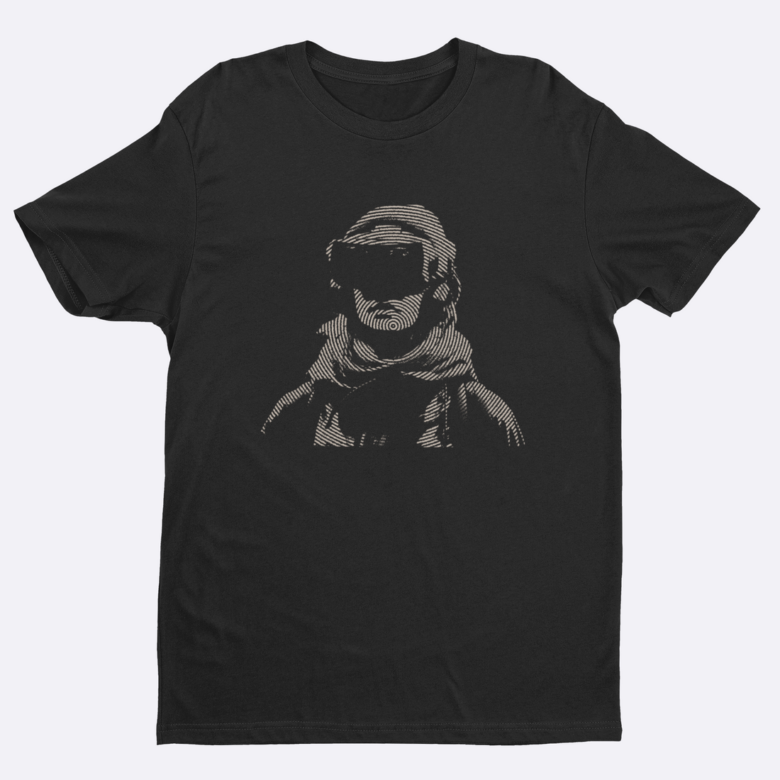 Black t-shirt with a graphic of a person wearing a headscarf on a white background