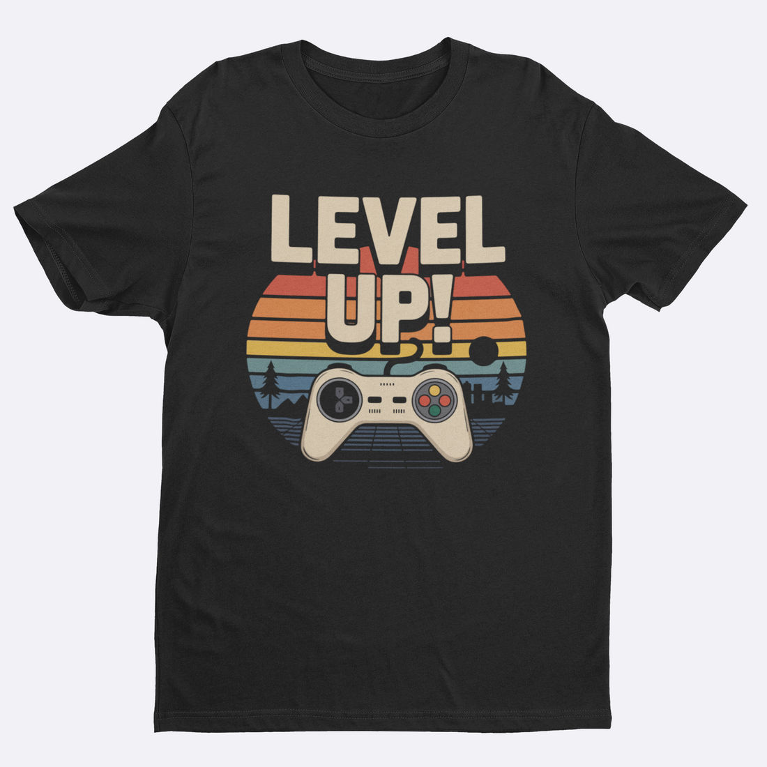 Black t-shirt with 'Level Up!' graphic design featuring a gaming controller and sunset.