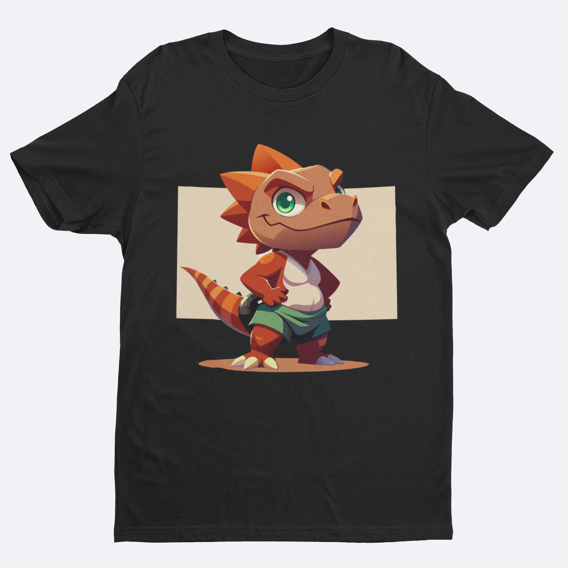 Black t-shirt with a cartoon dinosaur design on a beige background