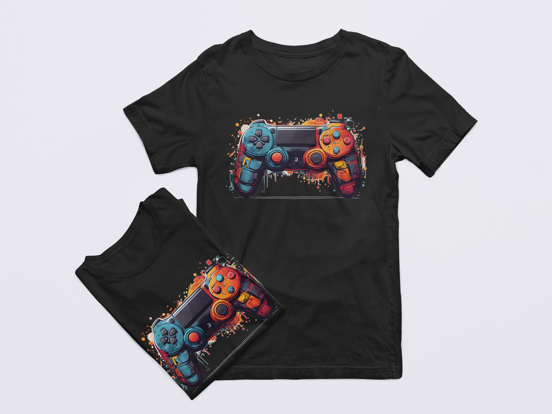 Black t-shirt and shorts set with colorful gaming controller design on a light gray background