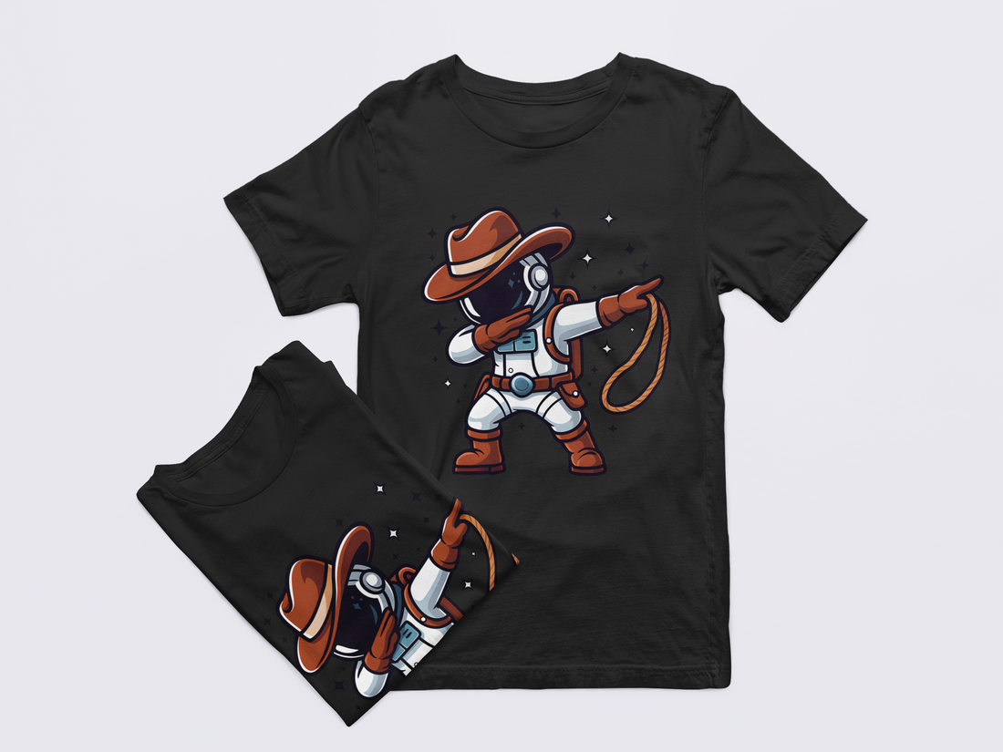 Black t-shirt with a cowboy astronaut graphic on a light gray background