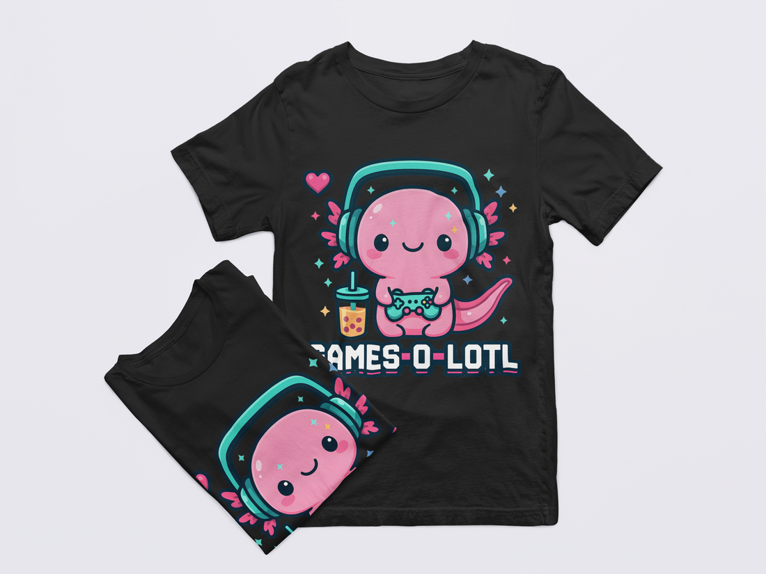 Black t-shirt with a cute pink salamander graphic and 'GAMES-O-LOTL' text on a light gray background.