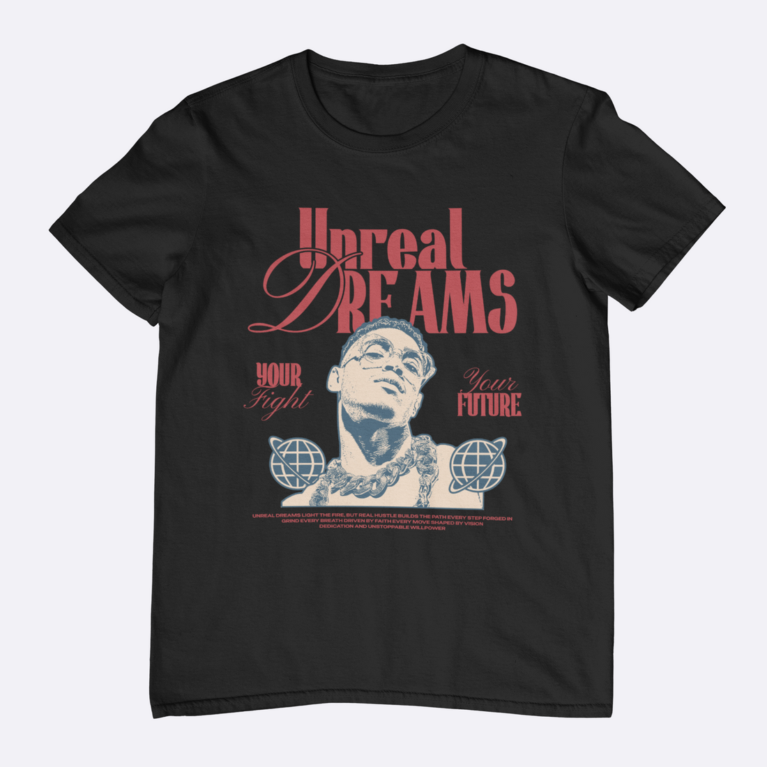 Black t-shirt with graphic design and text on a white background