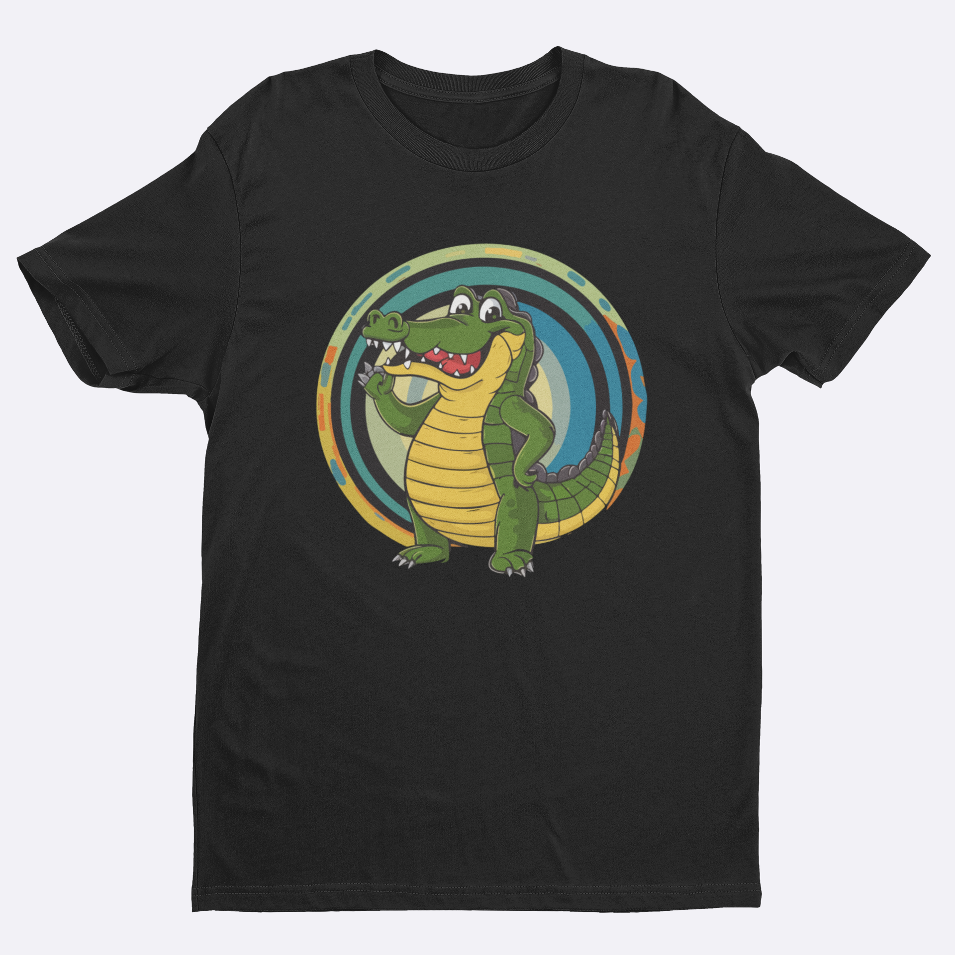Black t-shirt with a cartoon alligator design on a white background