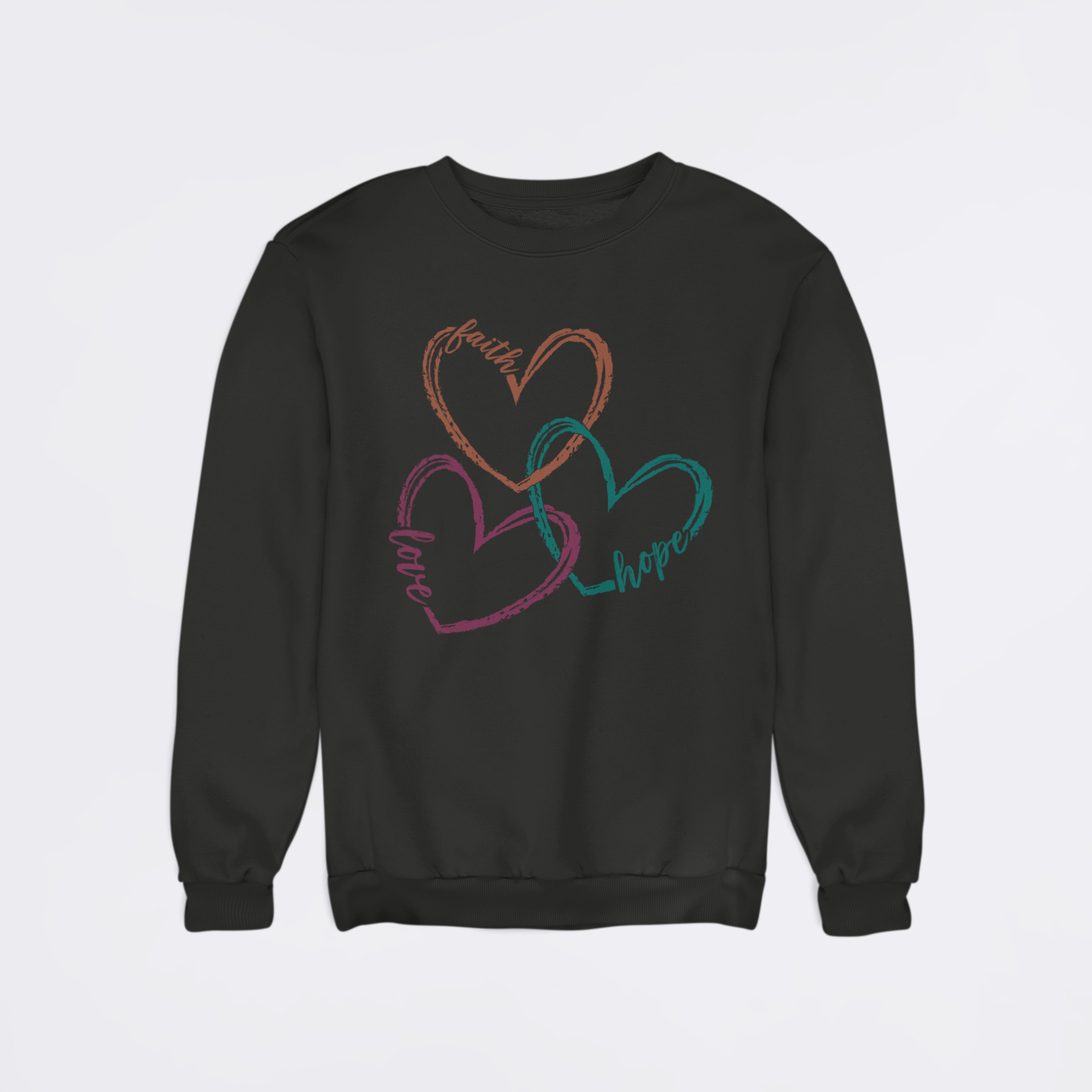 Black sweatshirt with colorful heart design on a light gray background