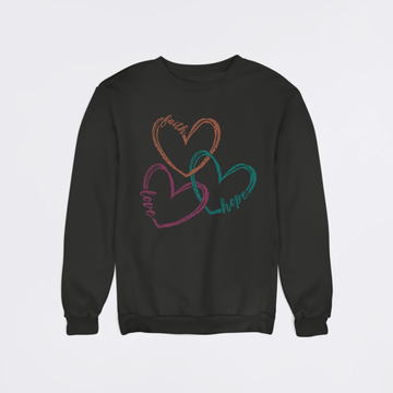 Black sweatshirt with colorful heart design on a light gray background