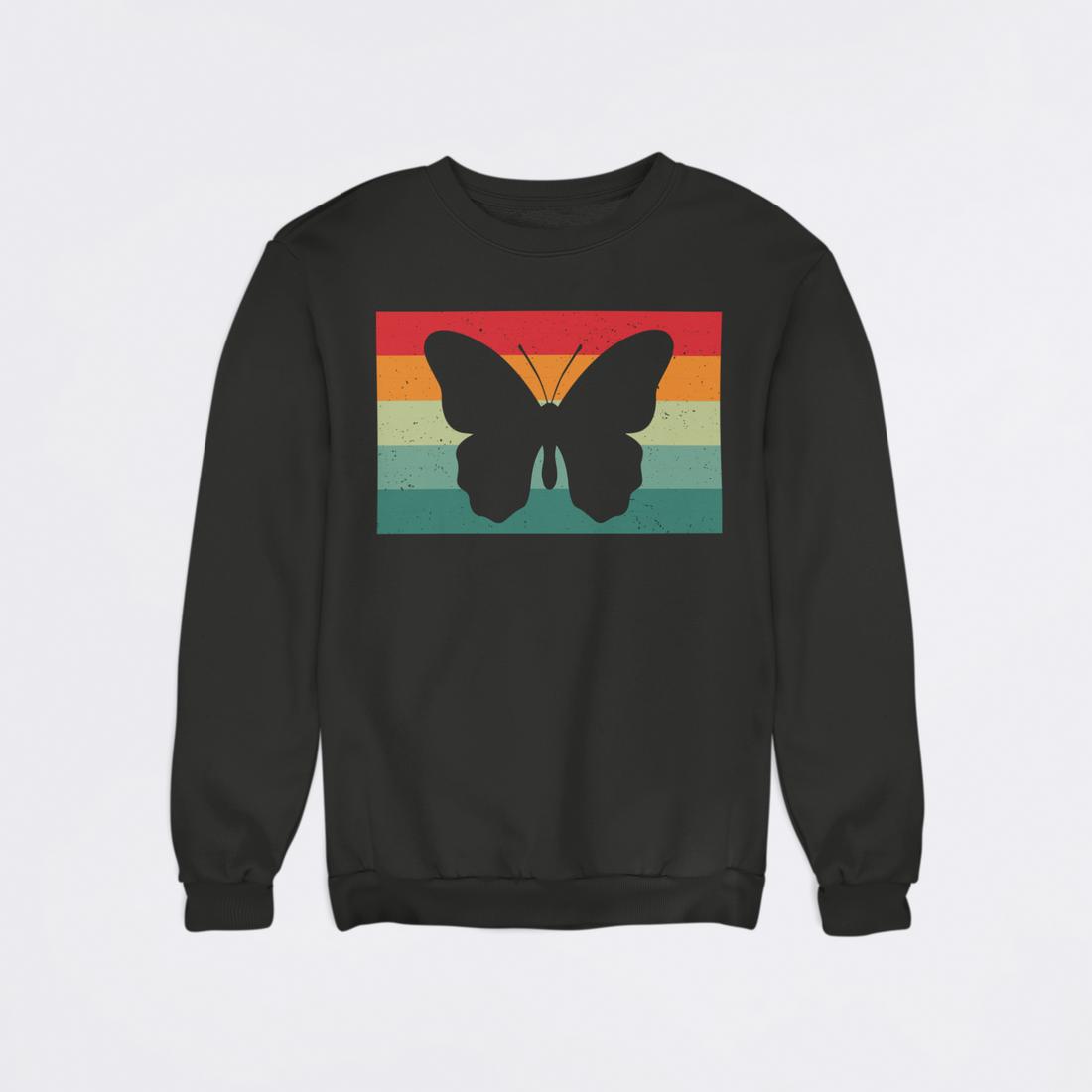 Black sweatshirt with a butterfly design on a colorful background