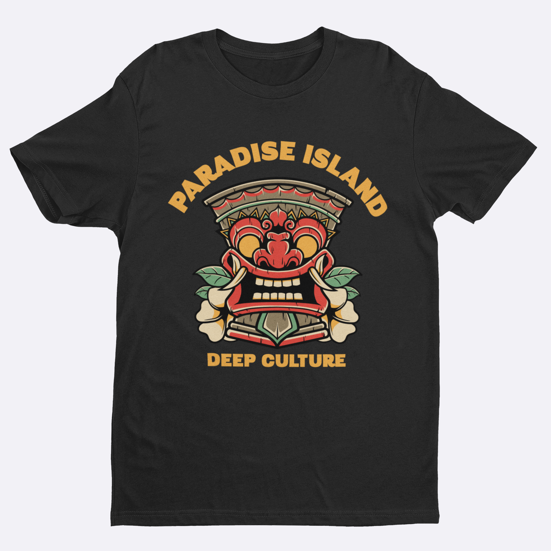 Black t-shirt with 'Paradise Island Deep Culture' graphic design on a white background