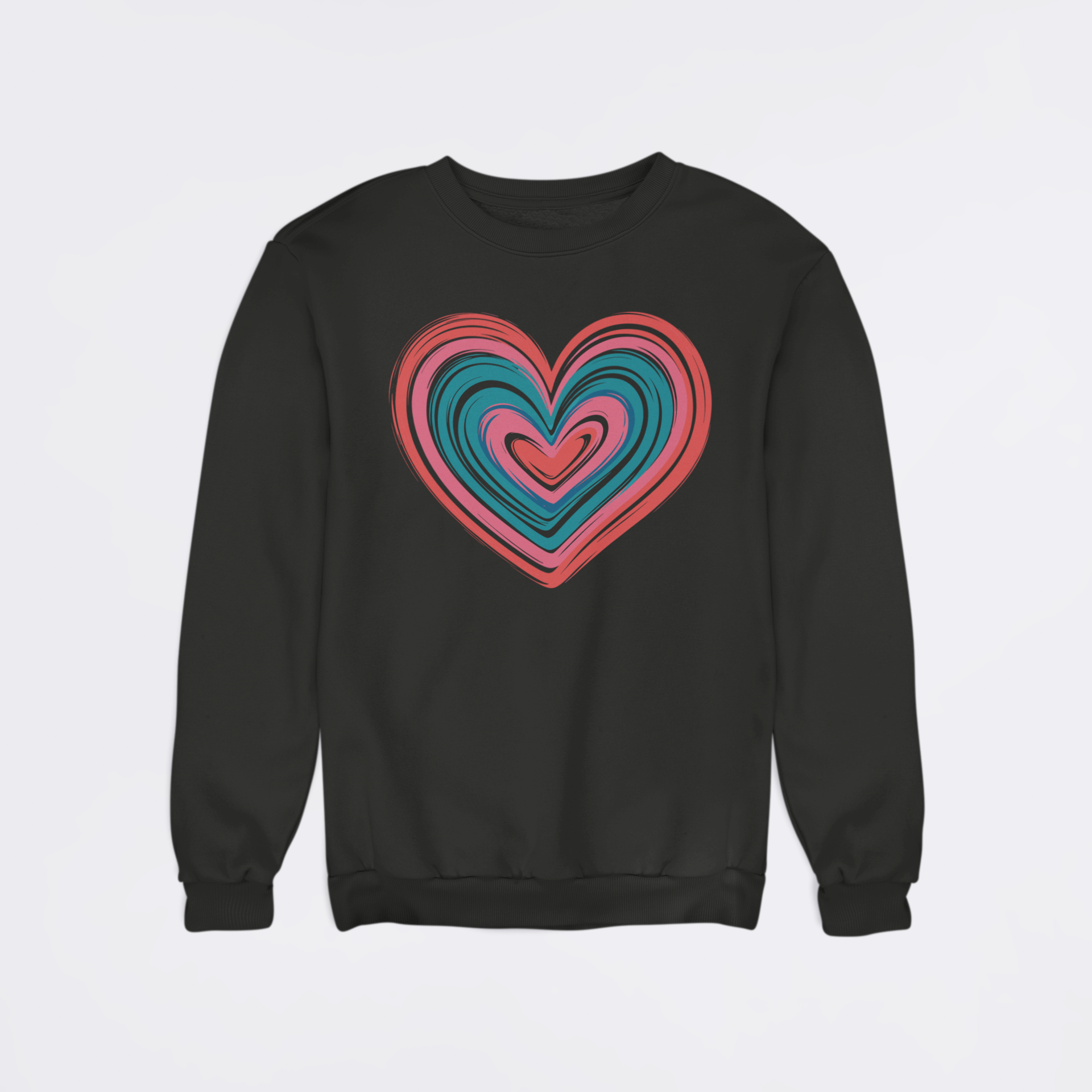 Black sweatshirt with a colorful heart design on a light gray background