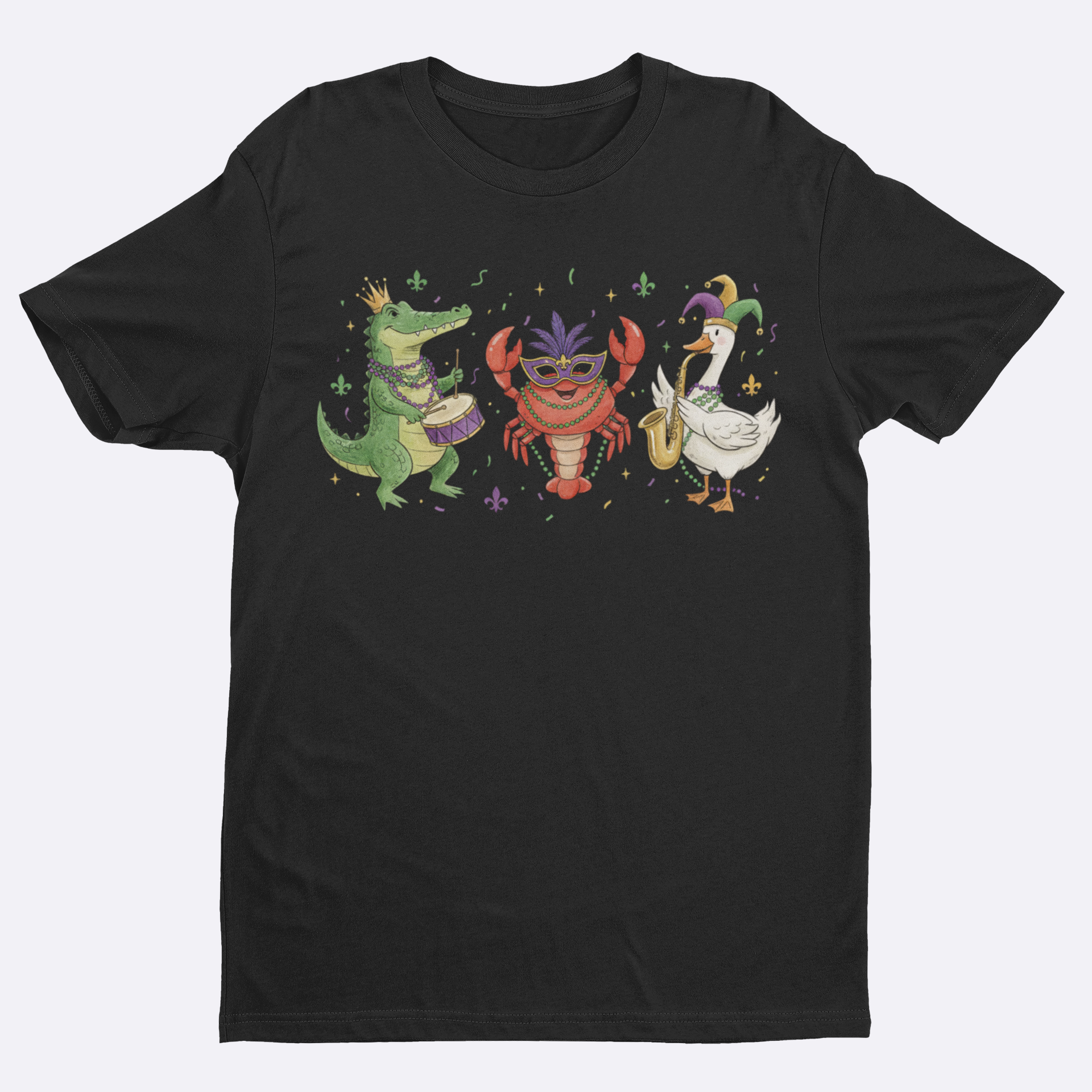 Black t-shirt with colorful Mardi Gras-themed graphic featuring a crocodile, crawfish, and goose on a white background.