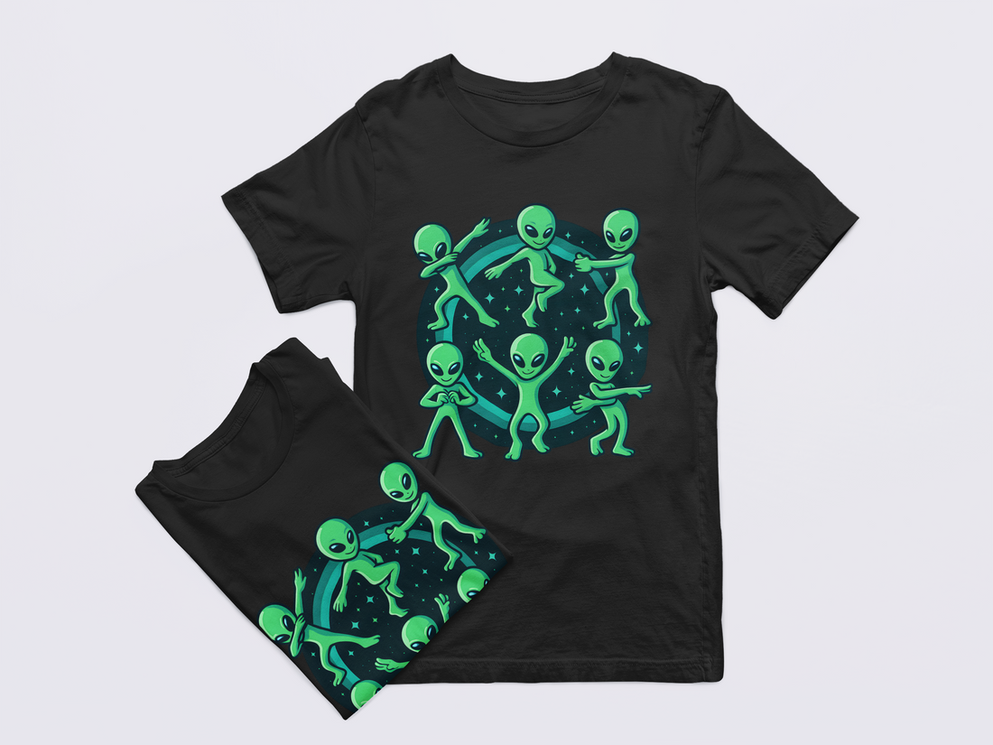 Black t-shirt and shorts set with green alien design on a light gray background
