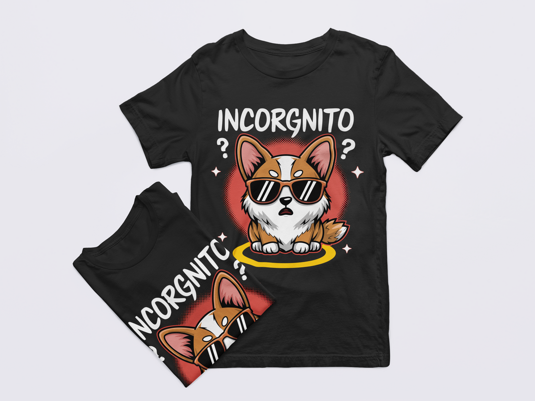 Black t-shirt with a dog graphic and 'INCORGNITO' text on a light gray background