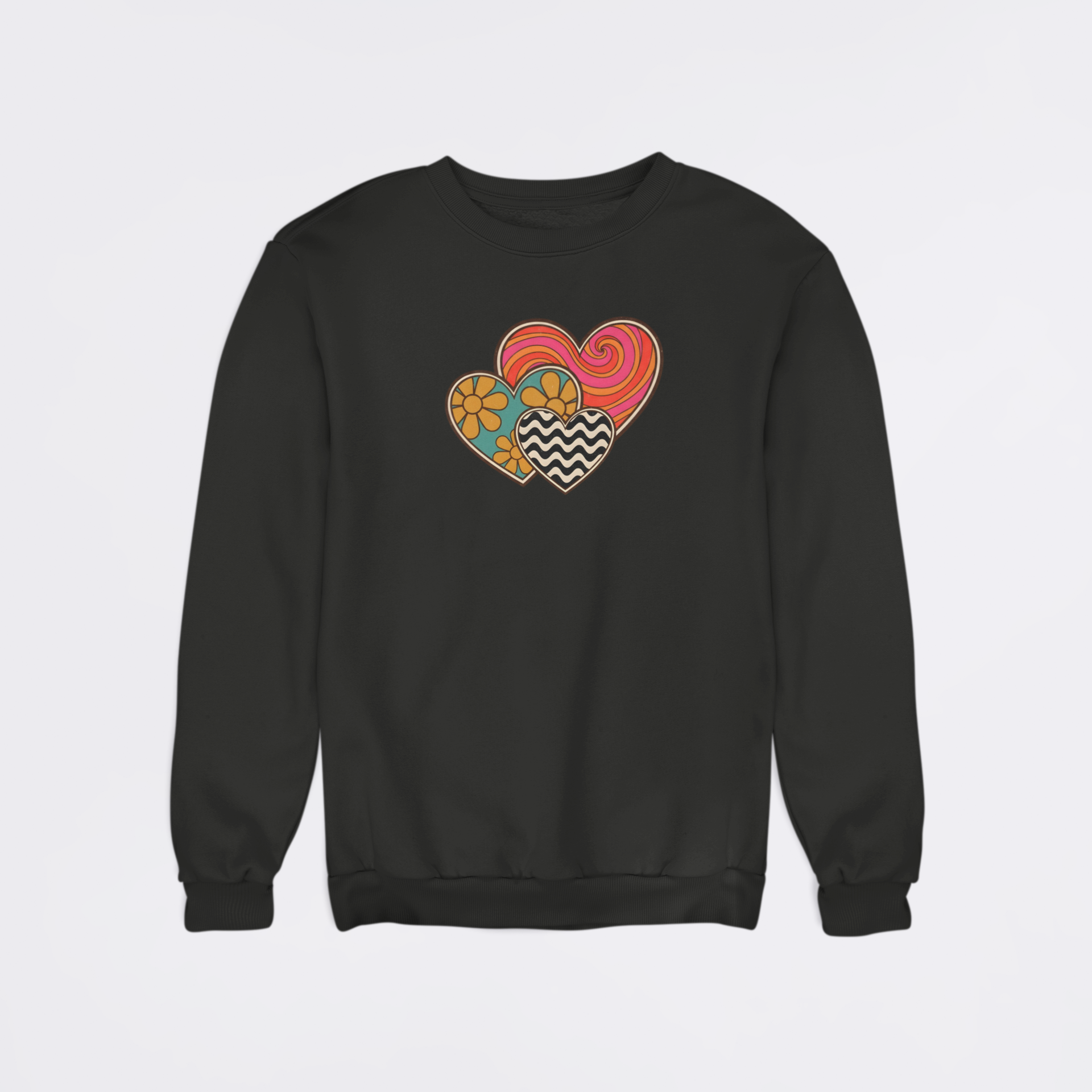 Black sweatshirt with colorful heart design on a white background