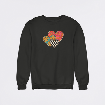 Black sweatshirt with colorful heart design on a white background