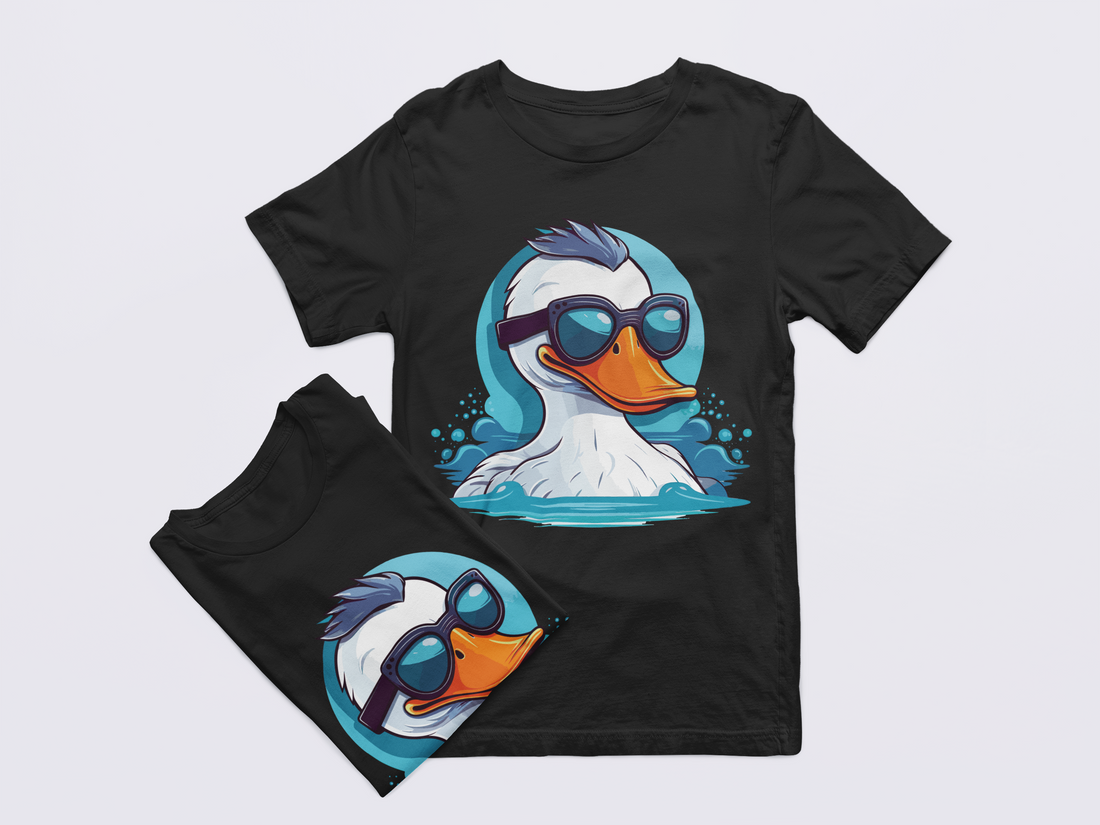 Black t-shirt with a cartoon duck design on a light gray background
