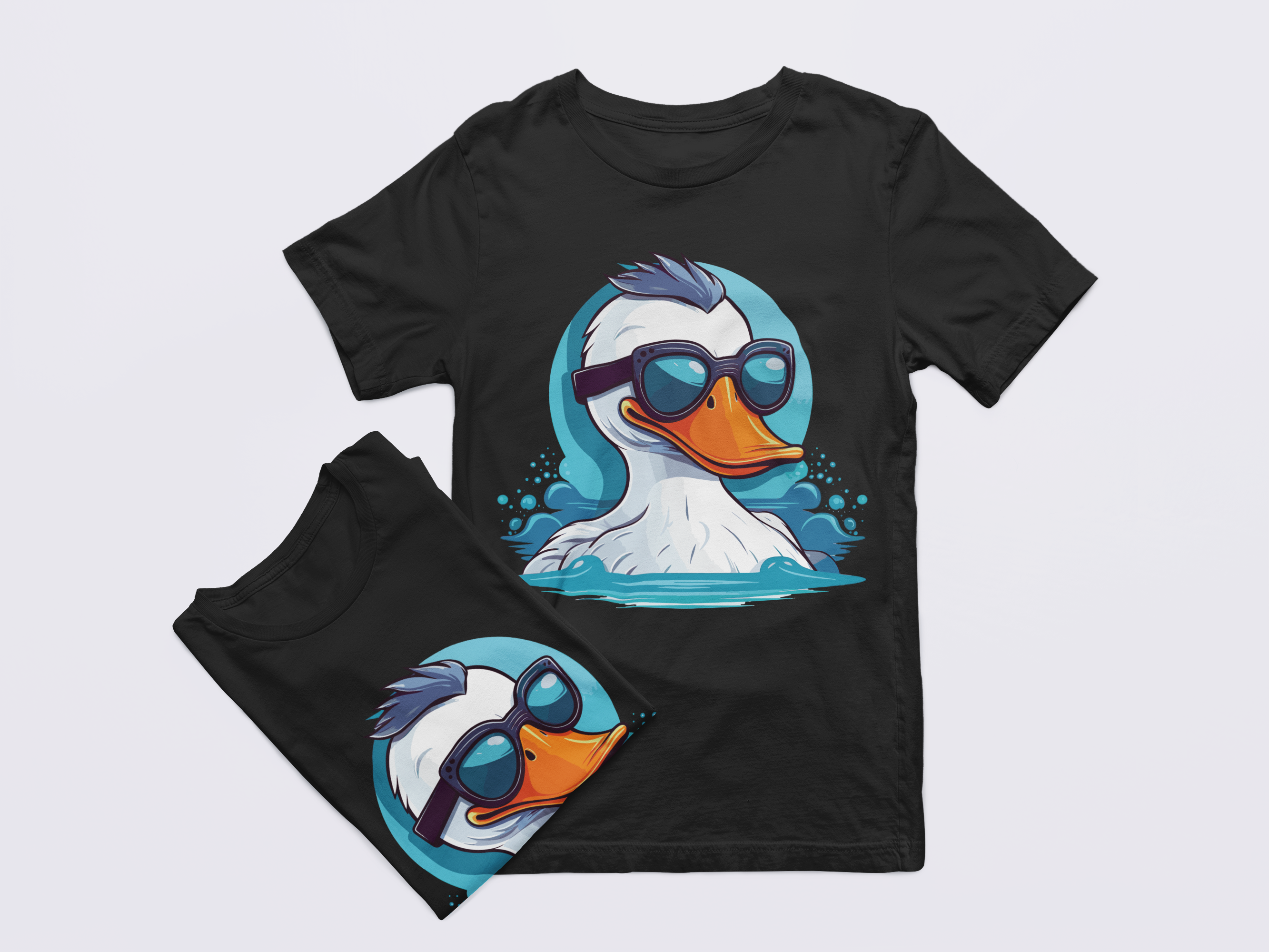Black t-shirt with a cartoon duck design on a light gray background