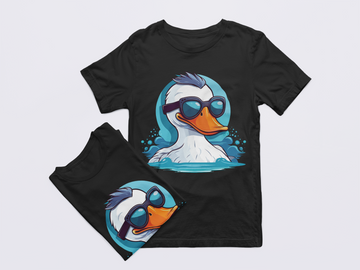 Black t-shirt with a cartoon duck design on a light gray background