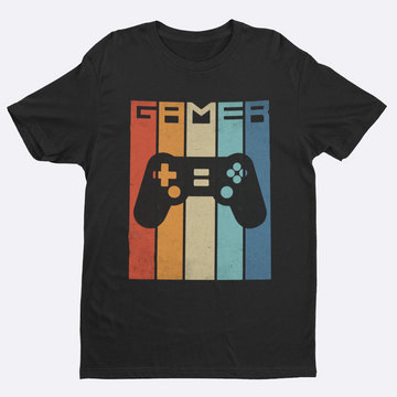 Black t-shirt with a colorful gaming controller graphic and 'Gamer' text on a white background