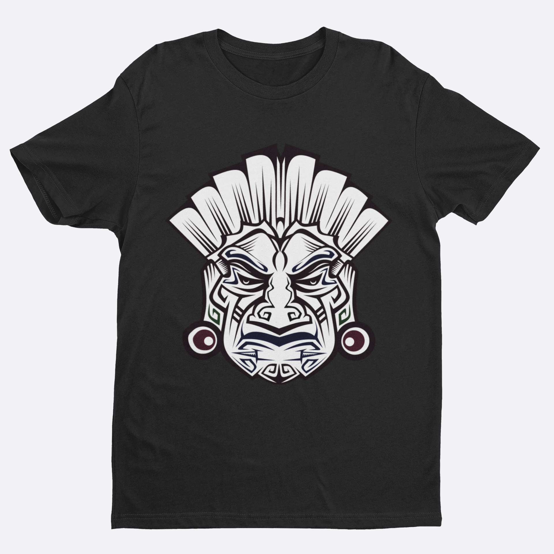 Black t-shirt with a white mask design on a white background